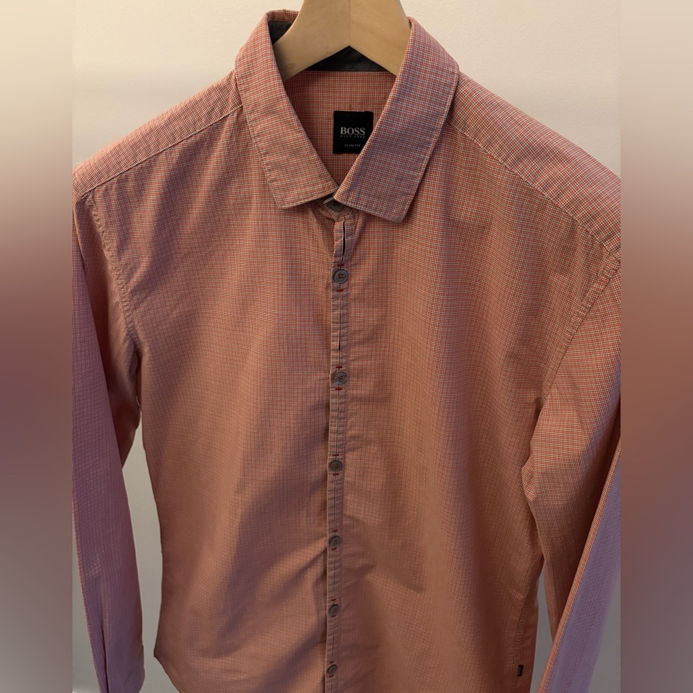 Hugo Boss Y2K Style Collared Shirt Orange/Gray Plaid Medium Slim Fit